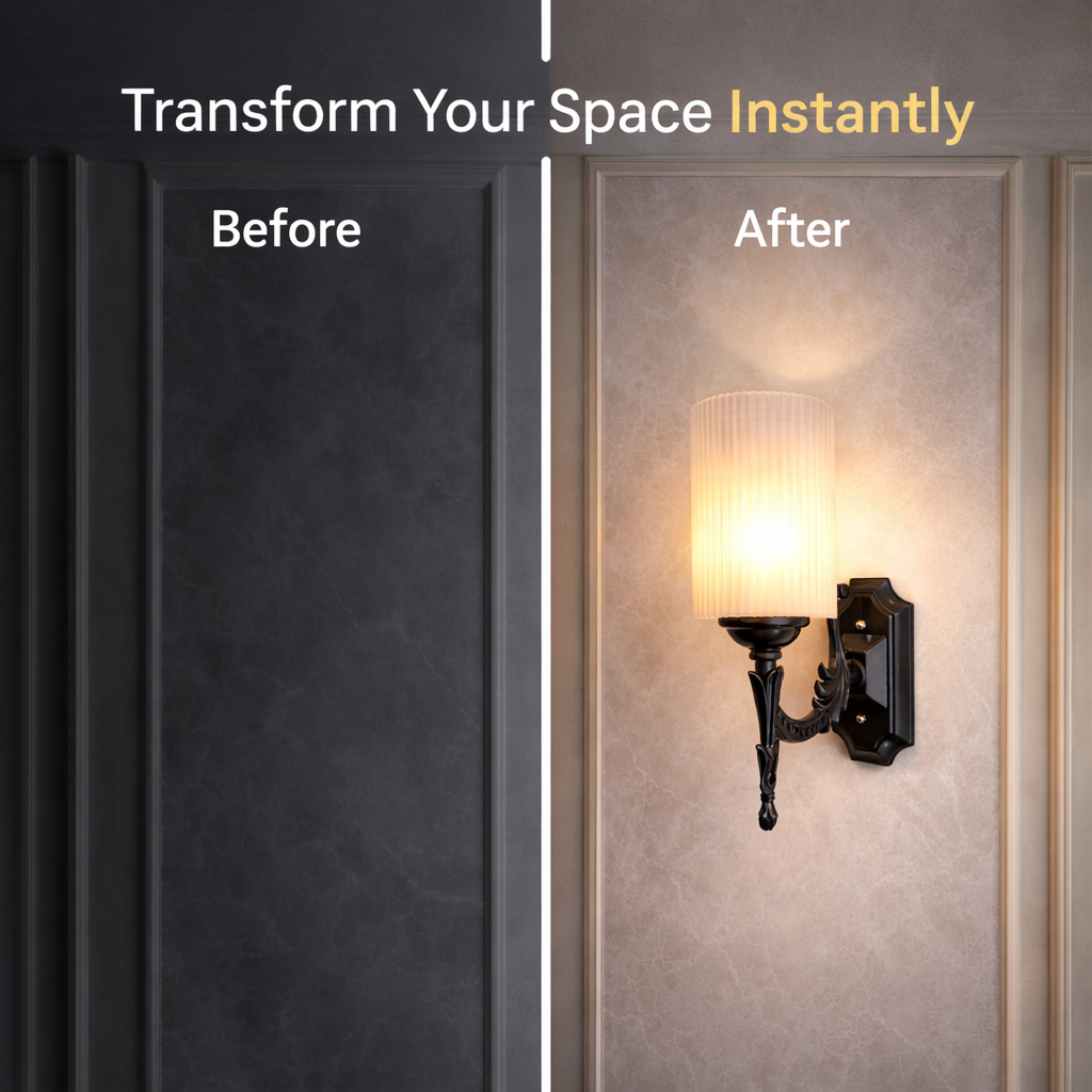 Before and after wall lighting transformation with decorative sconce