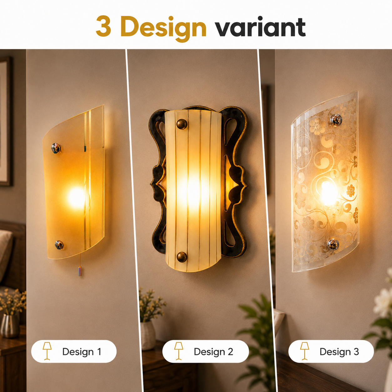 Three different designs of wall lights on a neutral background