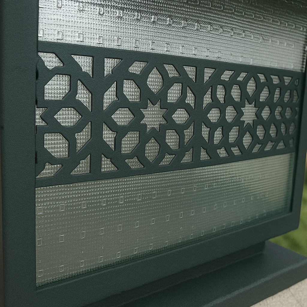 Decorative metal screen with geometric pattern on a gray background