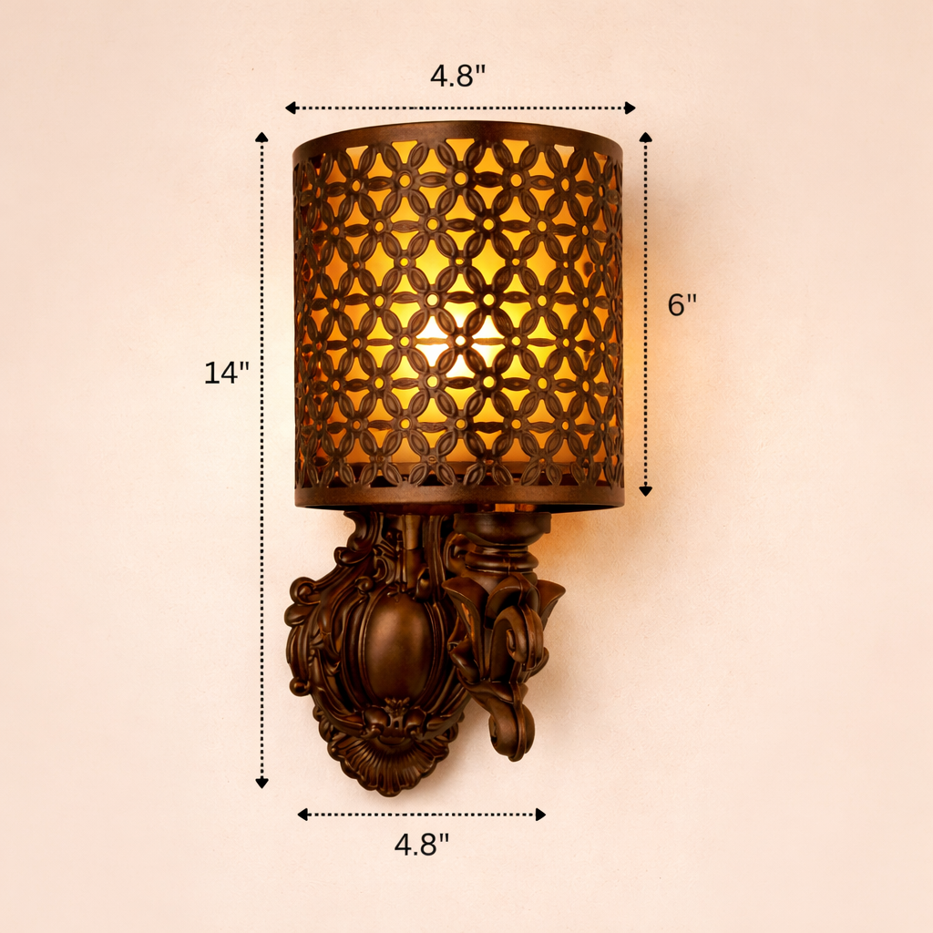 Decorative wall sconce with dimensions on a beige background
