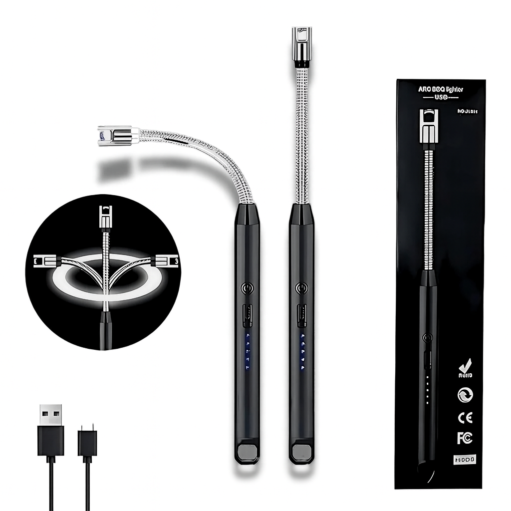 Rechargeable USB arc lighter with flexible and straight models in packaging.