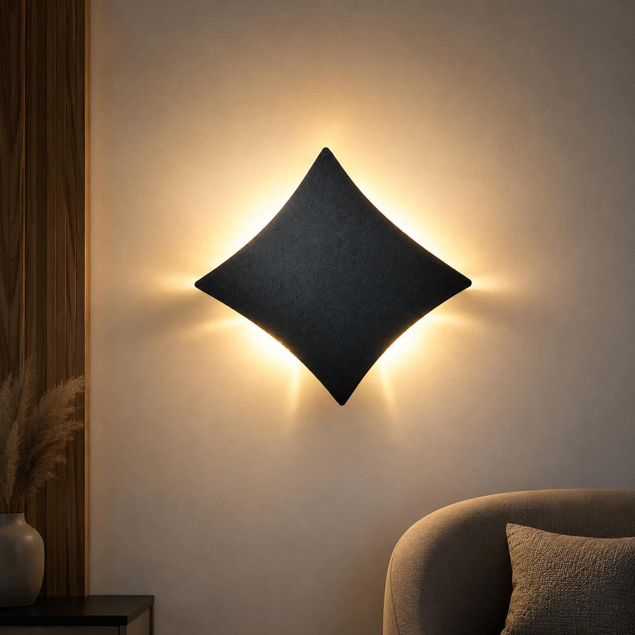 Black cushion wall light on a neutral wall with a soft glow