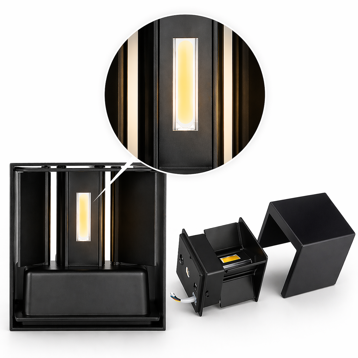 Black outdoor wall light fixture with close-up inset on a white background