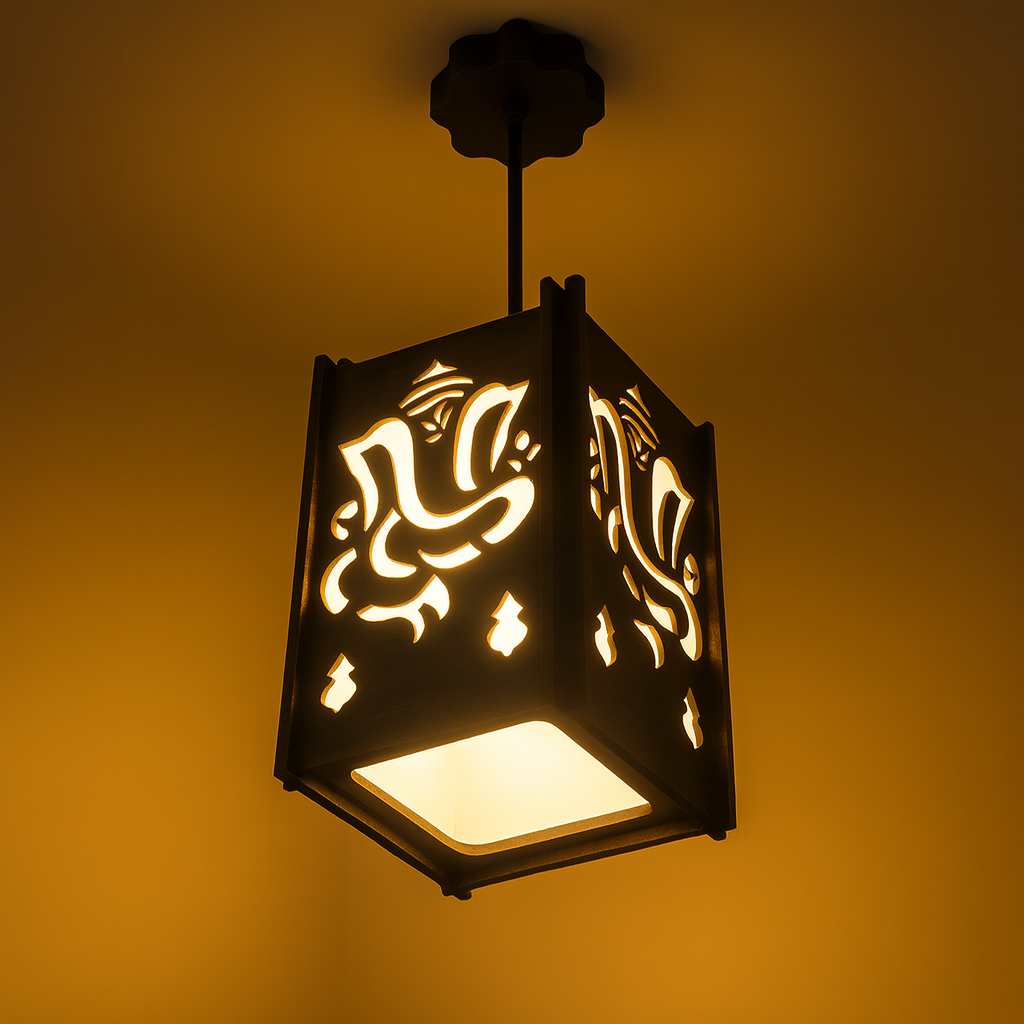 Decorative ceiling light fixture with intricate cut-out design on a warm yellow background