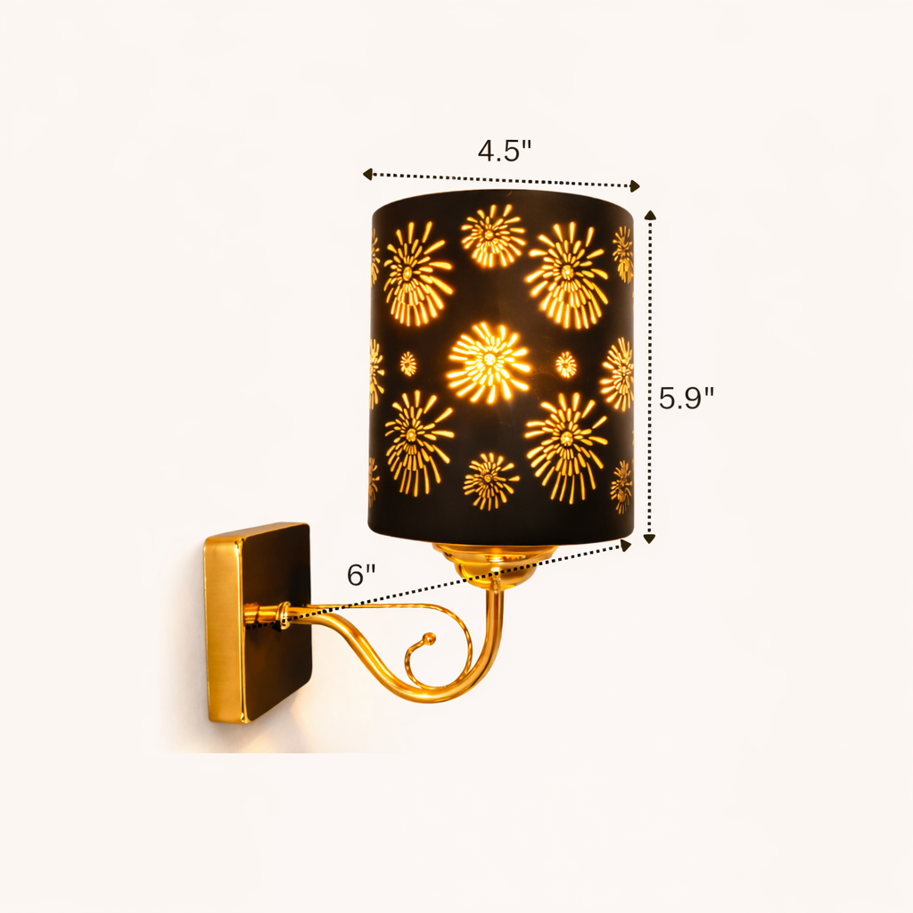 Wall sconce with decorative firework pattern and dimensions on a white background
