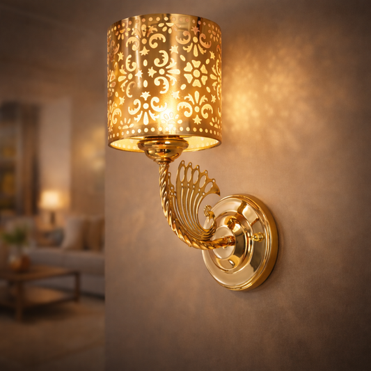 gold metal wall sconce with intricate pattern ambient lighting