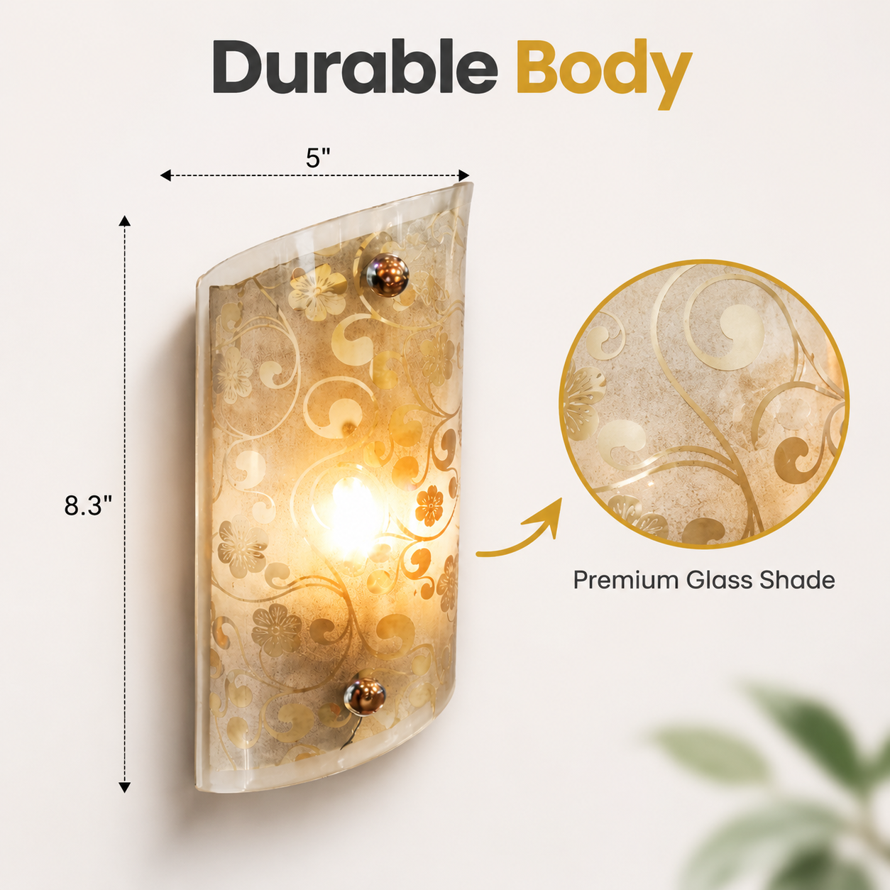 Decorative wall light fixture with dimensions and premium glass shade details on a white background.
