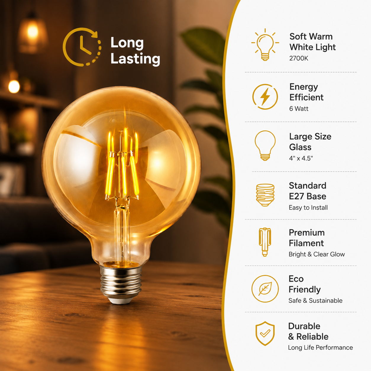Light bulb on a wooden surface with product features listed on the right.
