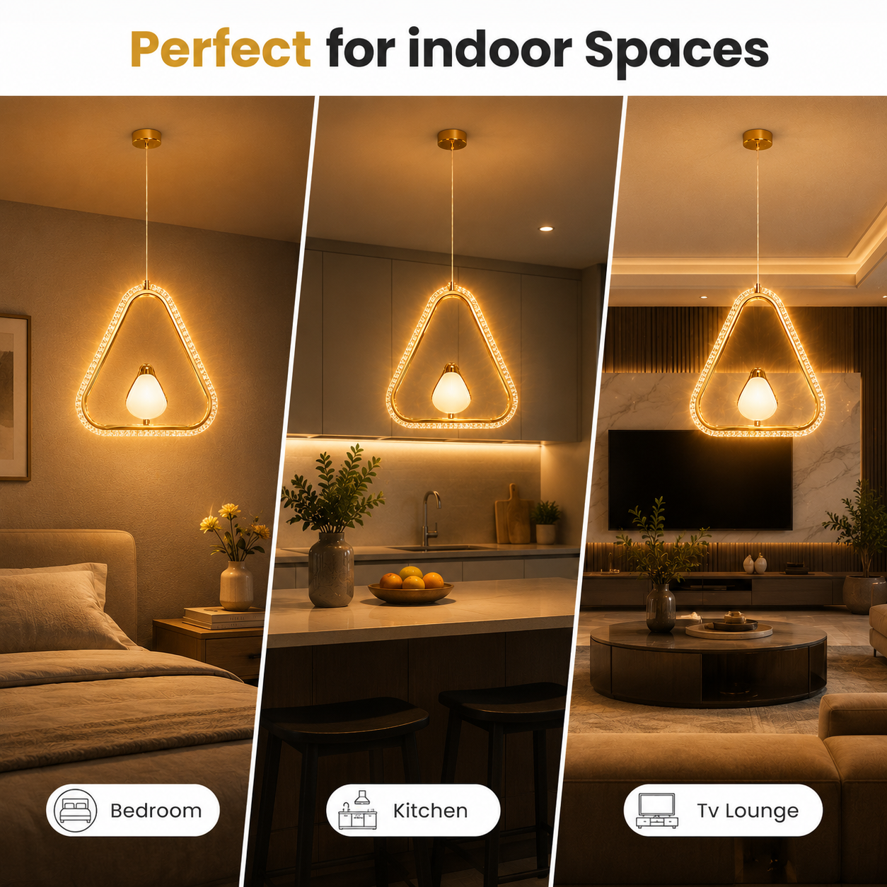 Triptych of a modern pendant light in different indoor settings: bedroom, kitchen, and TV lounge.