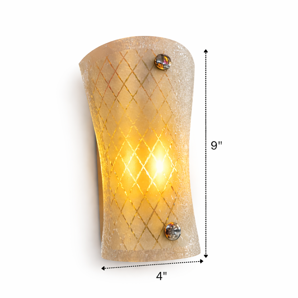 Wall sconce with textured glass shade and measurements on a white background