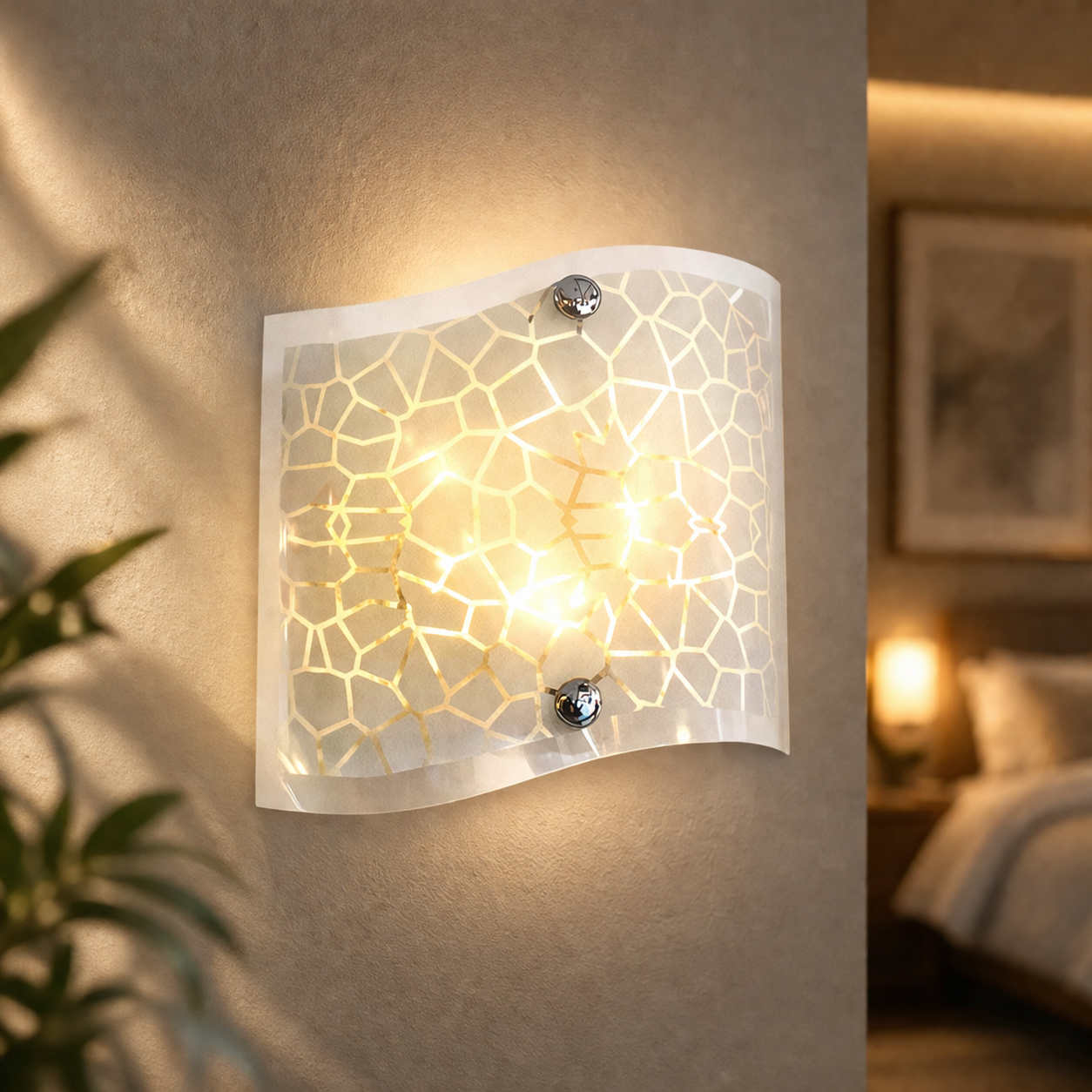 Modern white glass wall sconce glowing on textured bedroom wall
