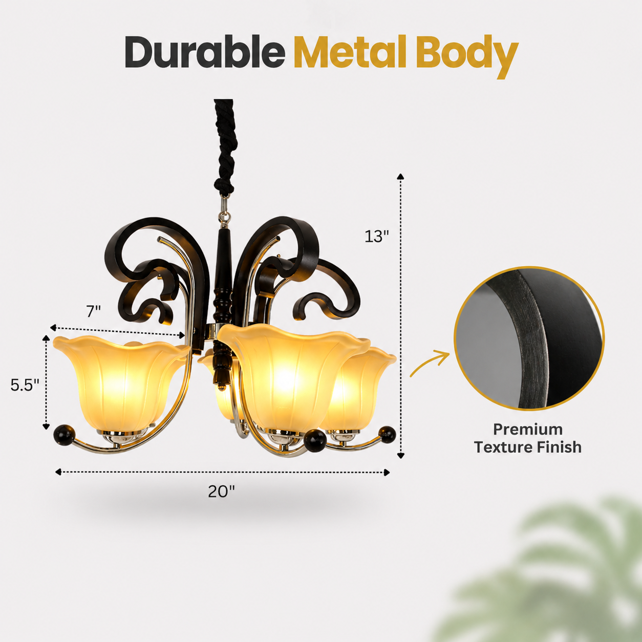 Chandelier with durable metal body features and dimensions on a white background