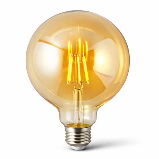 “Amber LED filament bulb glass globe with warm golden glow”