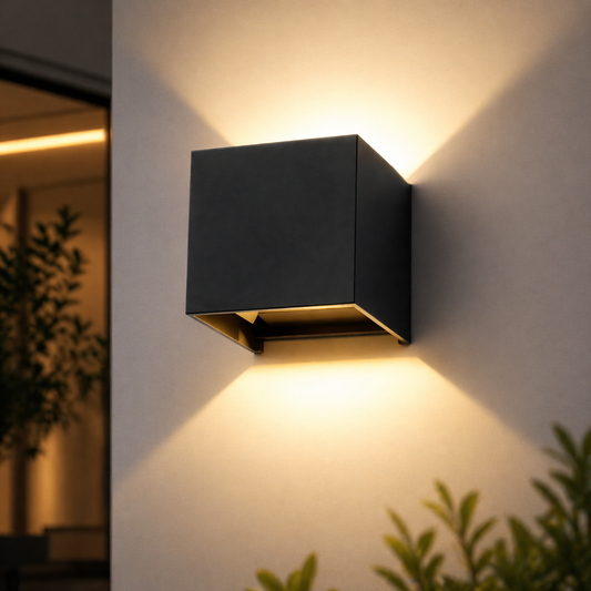 Black square wall light fixture on a white wall with plants in the background