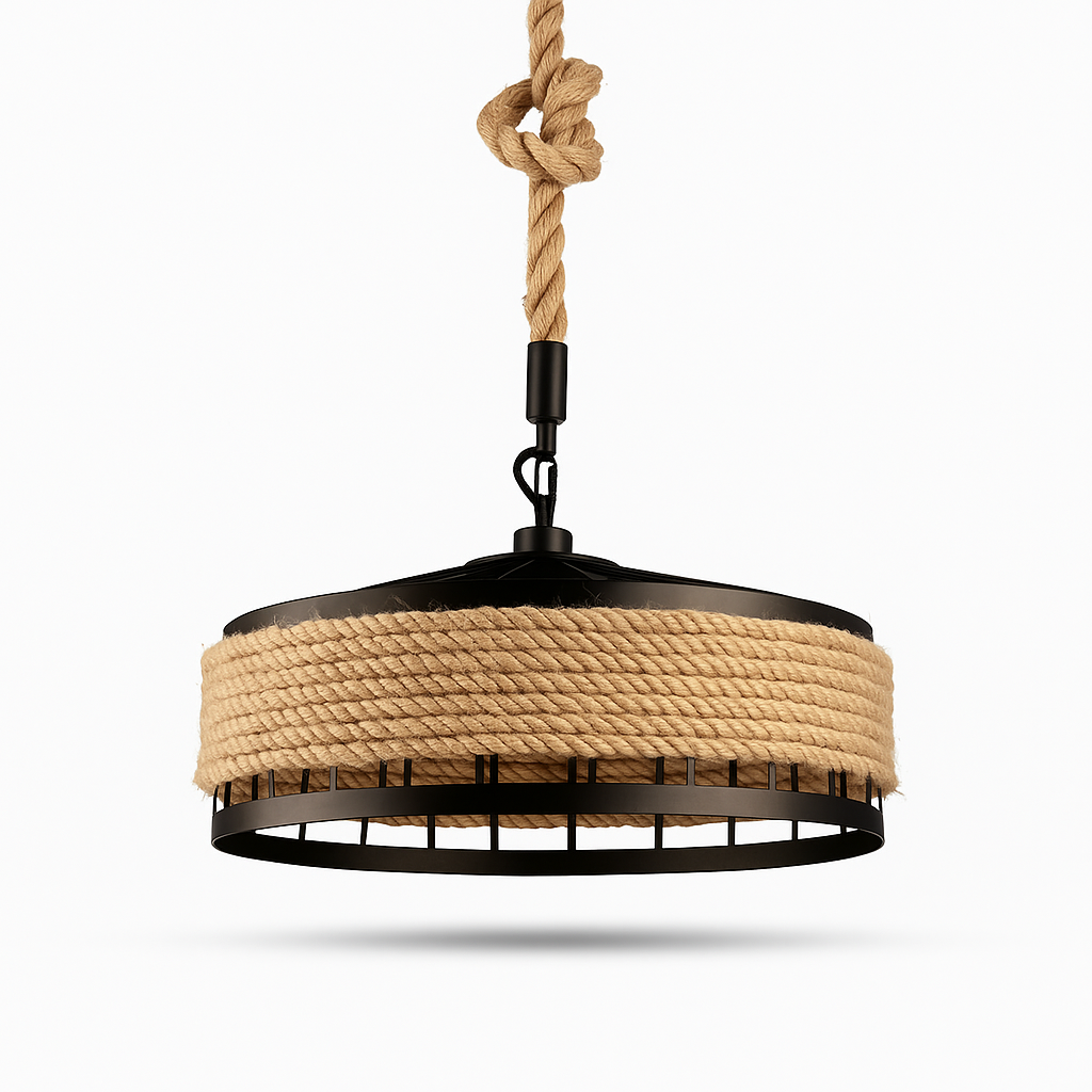 Rustic hemp rope pendant light for dining room décor.