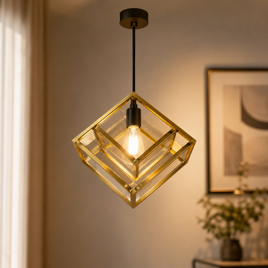 Gold Cube Pendant Light Metal Frame for Modern Interiors