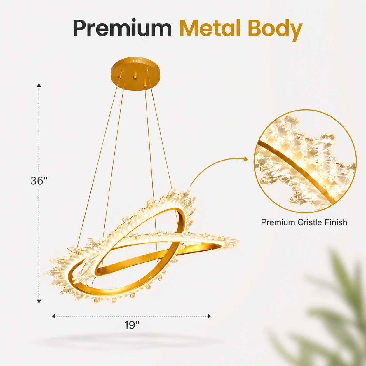 Gold pendant light with measurements and close-up of finish on a white background