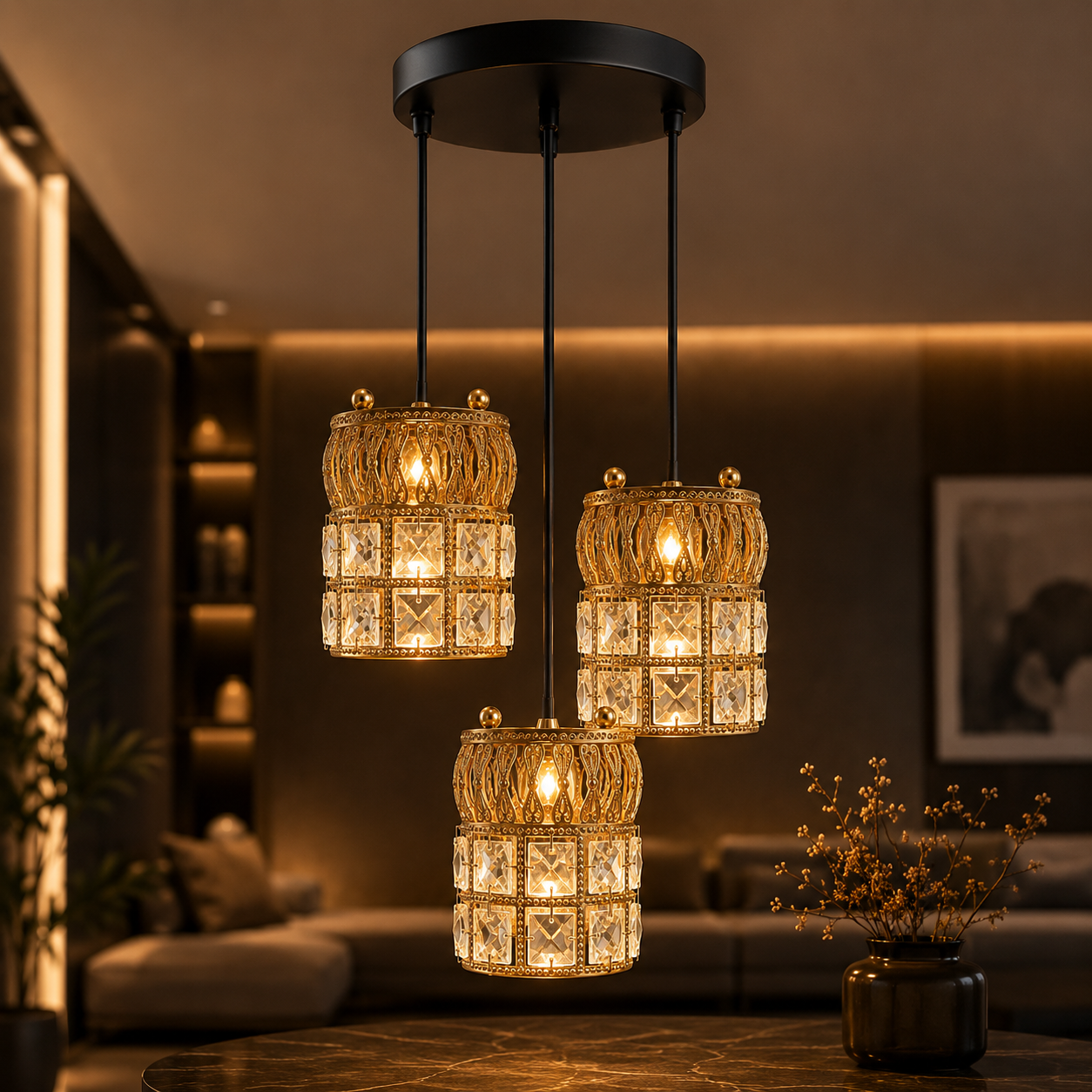 Decorative pendant light fixture in a living room setting