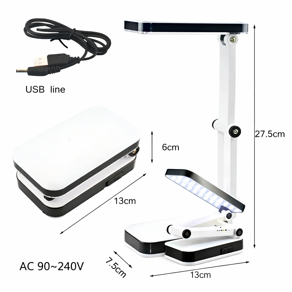 Foldable LED desk lamp with USB cable and dimensions on a white background