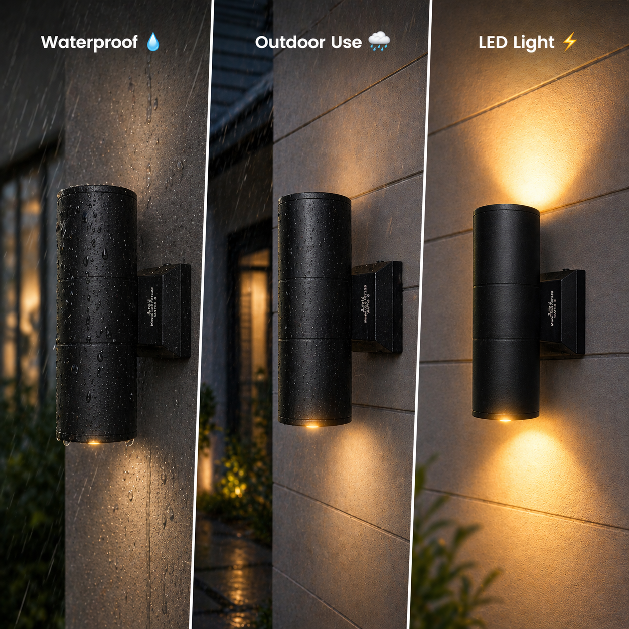Outdoor wall light fixture with waterproof, outdoor use, and LED light features.
