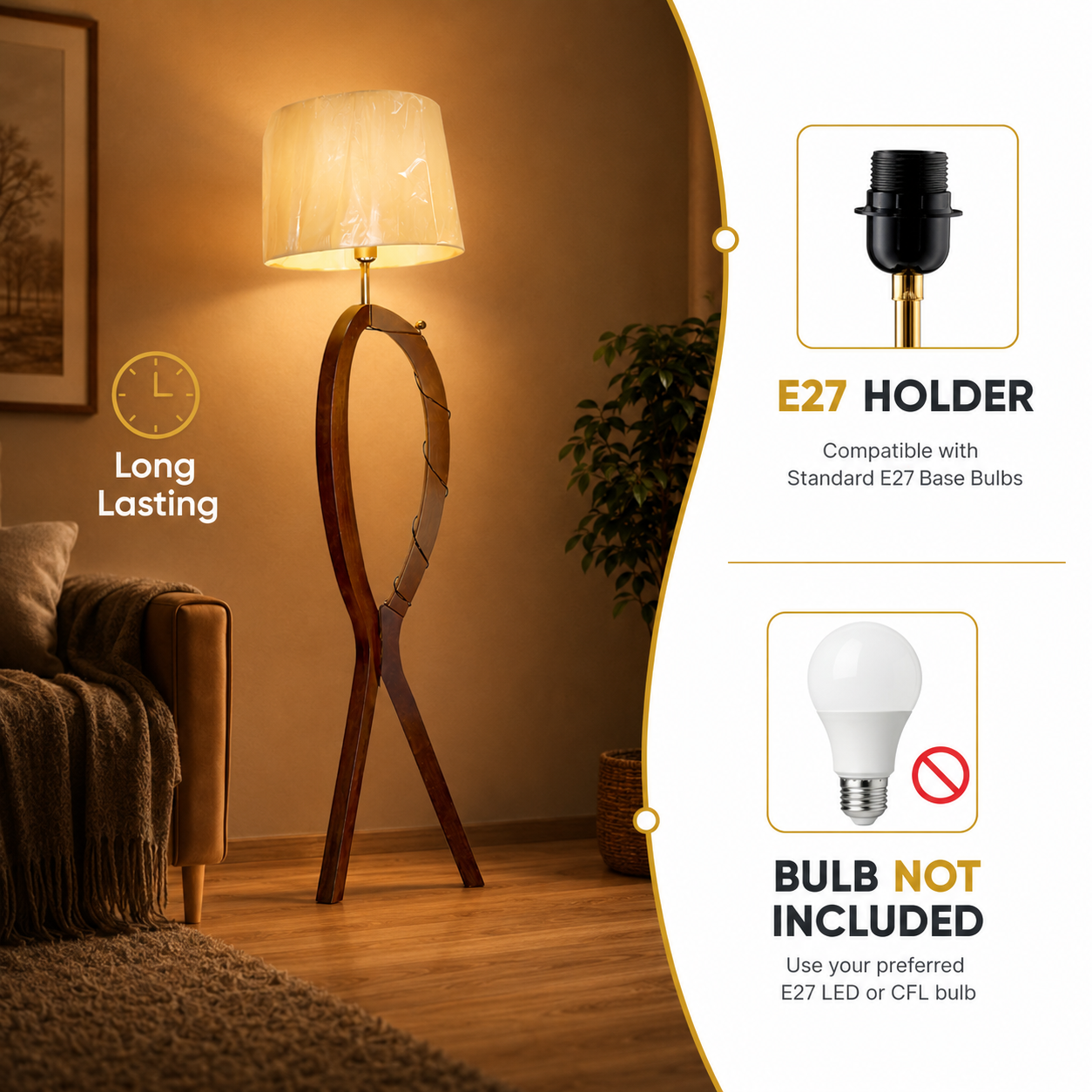 Floor lamp in a room with a warm ambiance, featuring an E27 holder and bulb compatibility information.