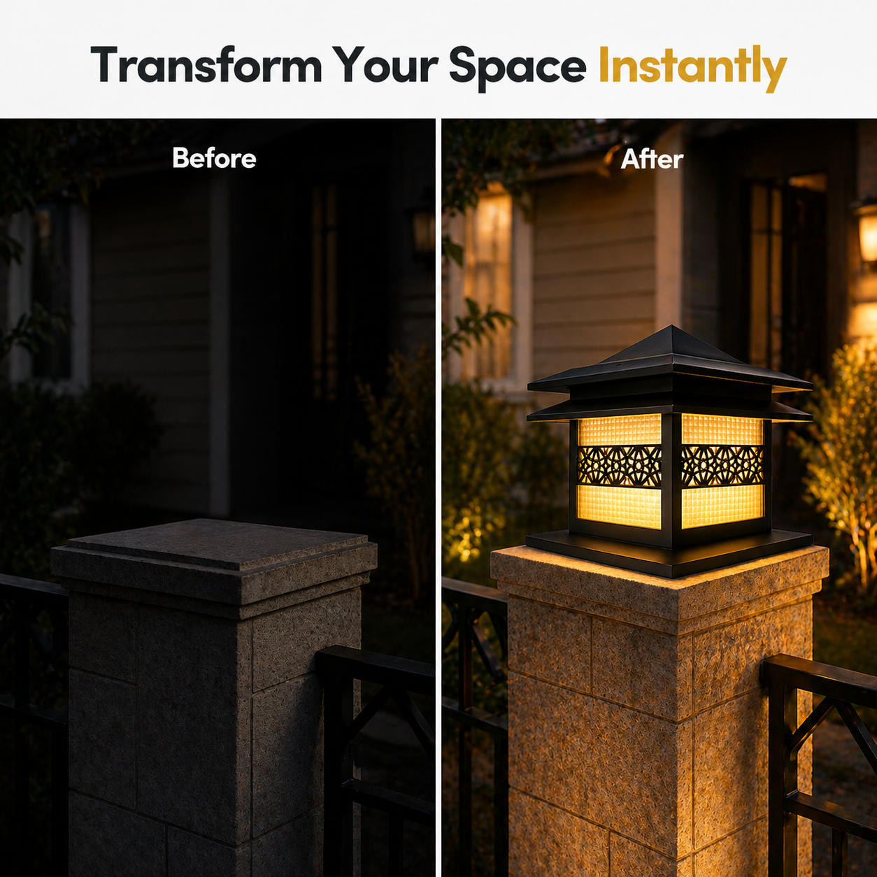 Before and after comparison of a garden light fixture on a stone post.