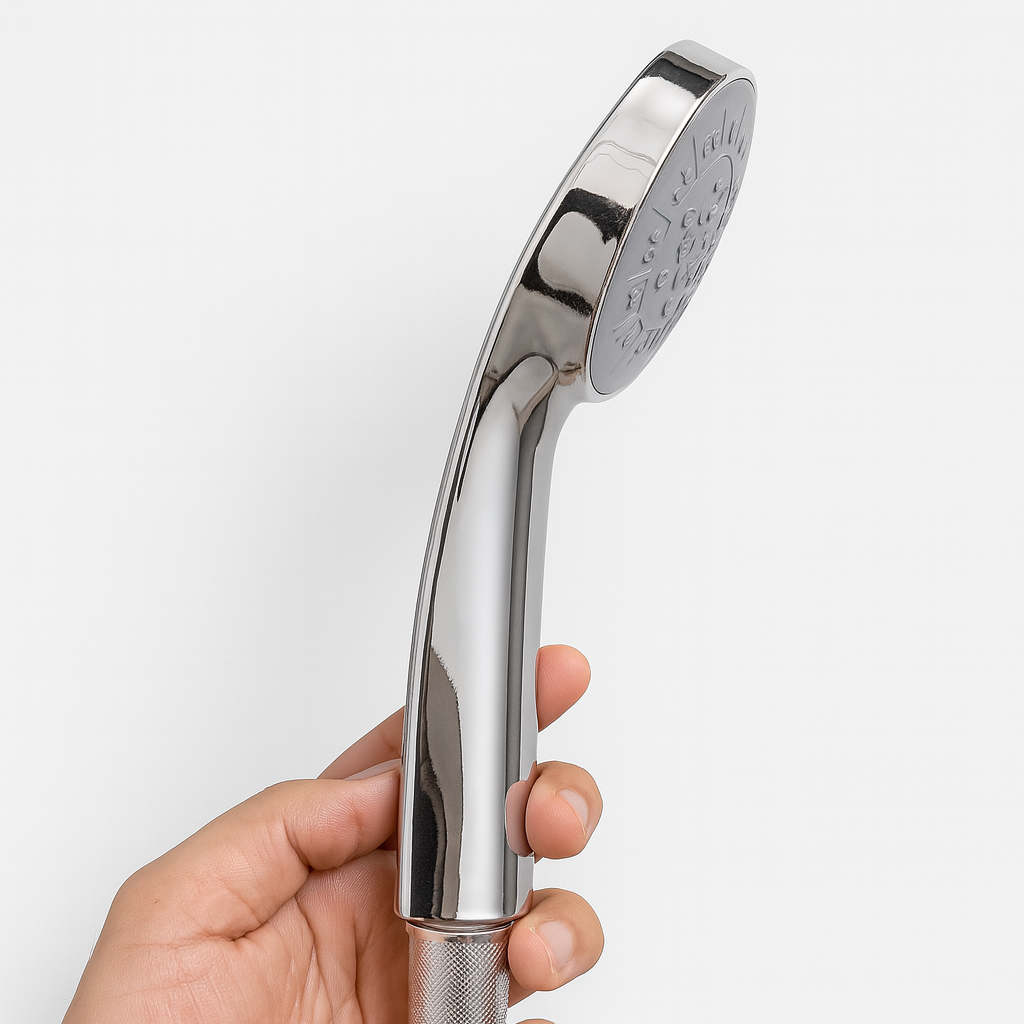 Hand holding a chrome shower head against a white background