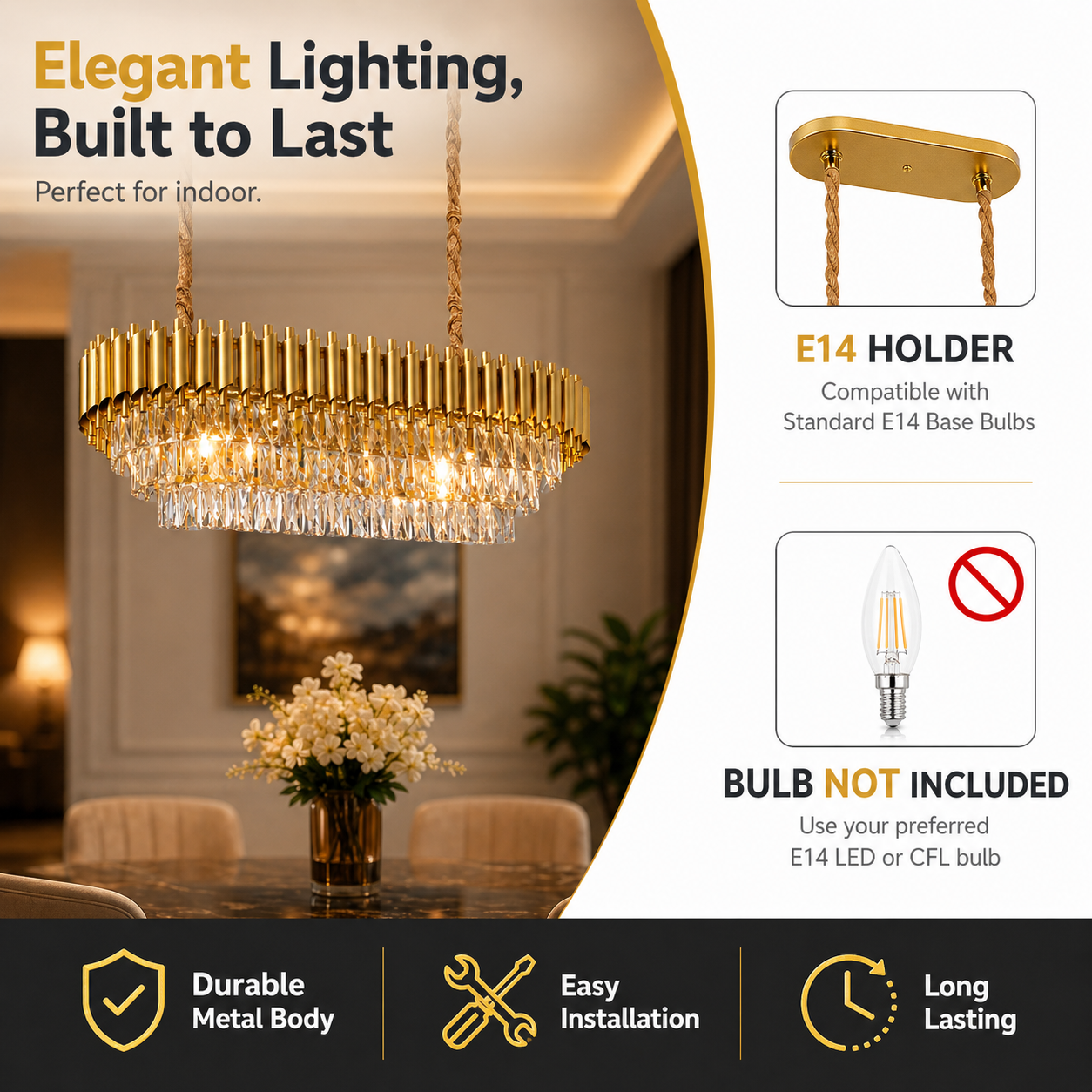 Gold chandelier with E14 holder details and bulb compatibility information.