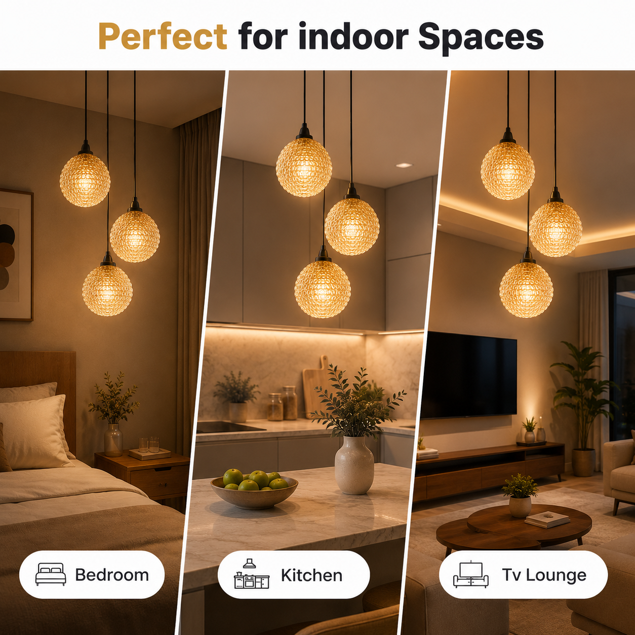 Collage of pendant lights in a bedroom, kitchen, and TV lounge with text 'Perfect for indoor Spaces'.