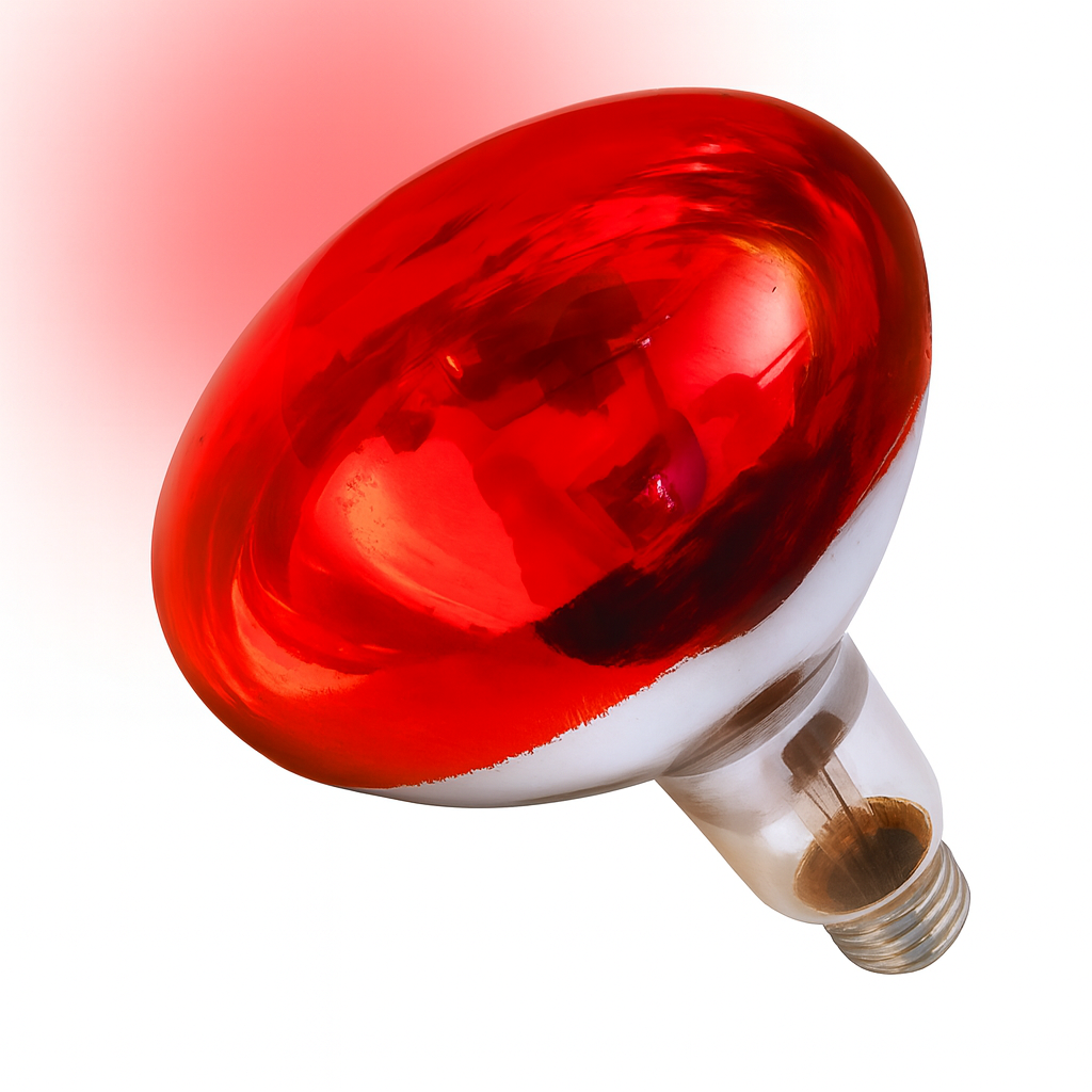 Red heat lamp bulb on a white background