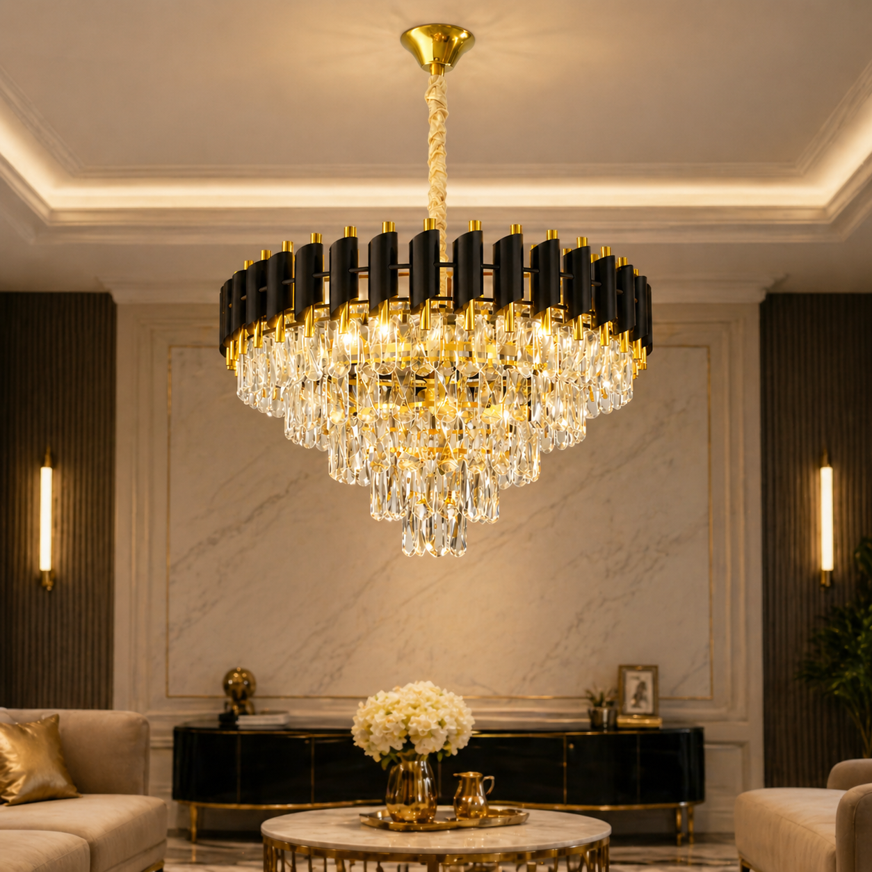 600MM luxury crystal chandelier gold black modern home decor lighting