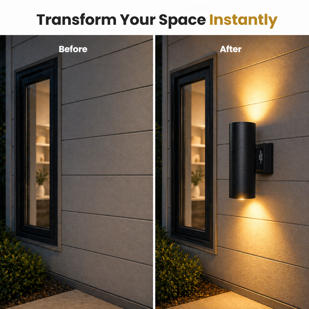 Before and after comparison of a wall-mounted outdoor light fixture on a house exterior.