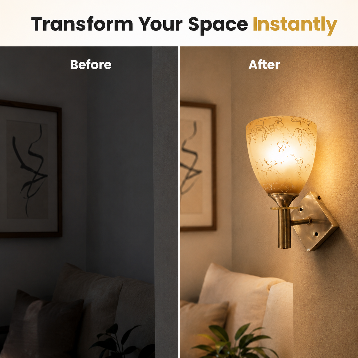 Before and after comparison of a room with a wall sconce adding light.