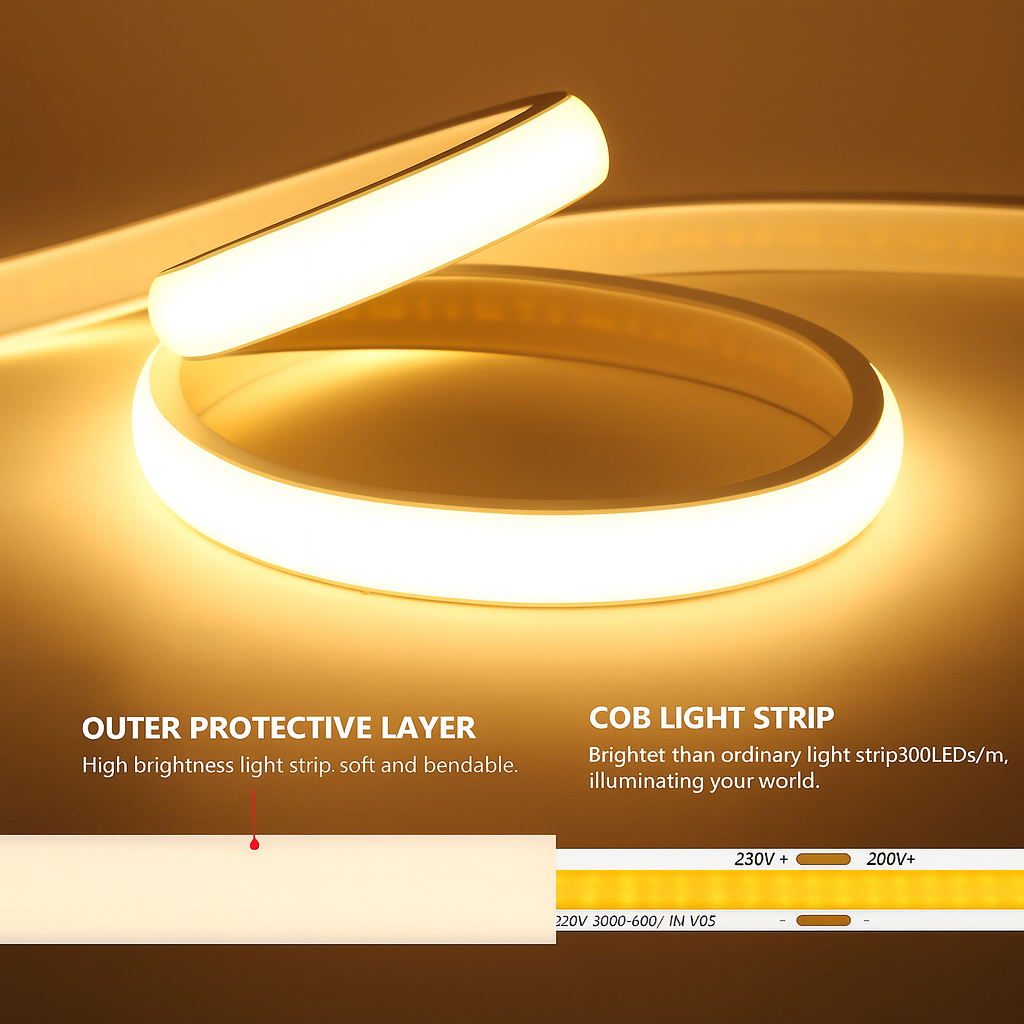 Flexible indoor décor COB LED strip with seamless soft glow.