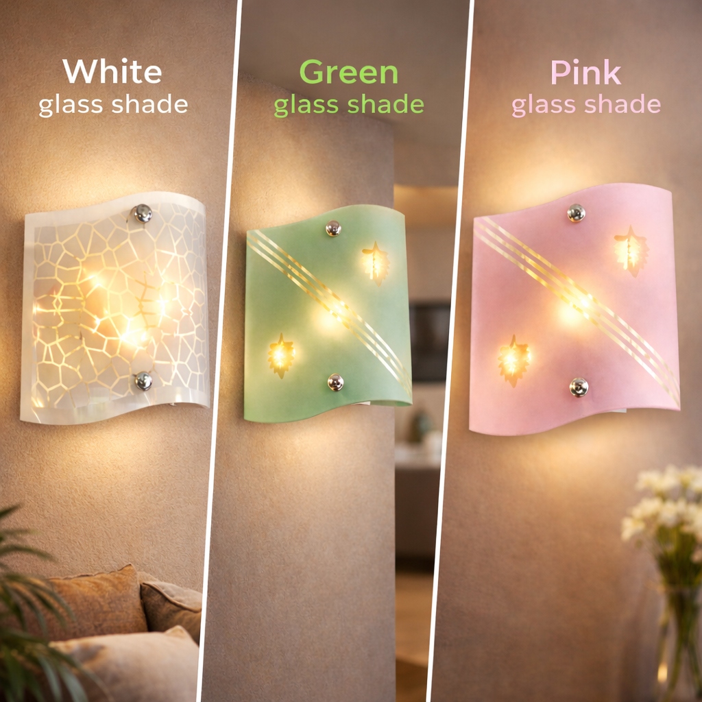 Decorative wall light with frosted glass and gold pattern