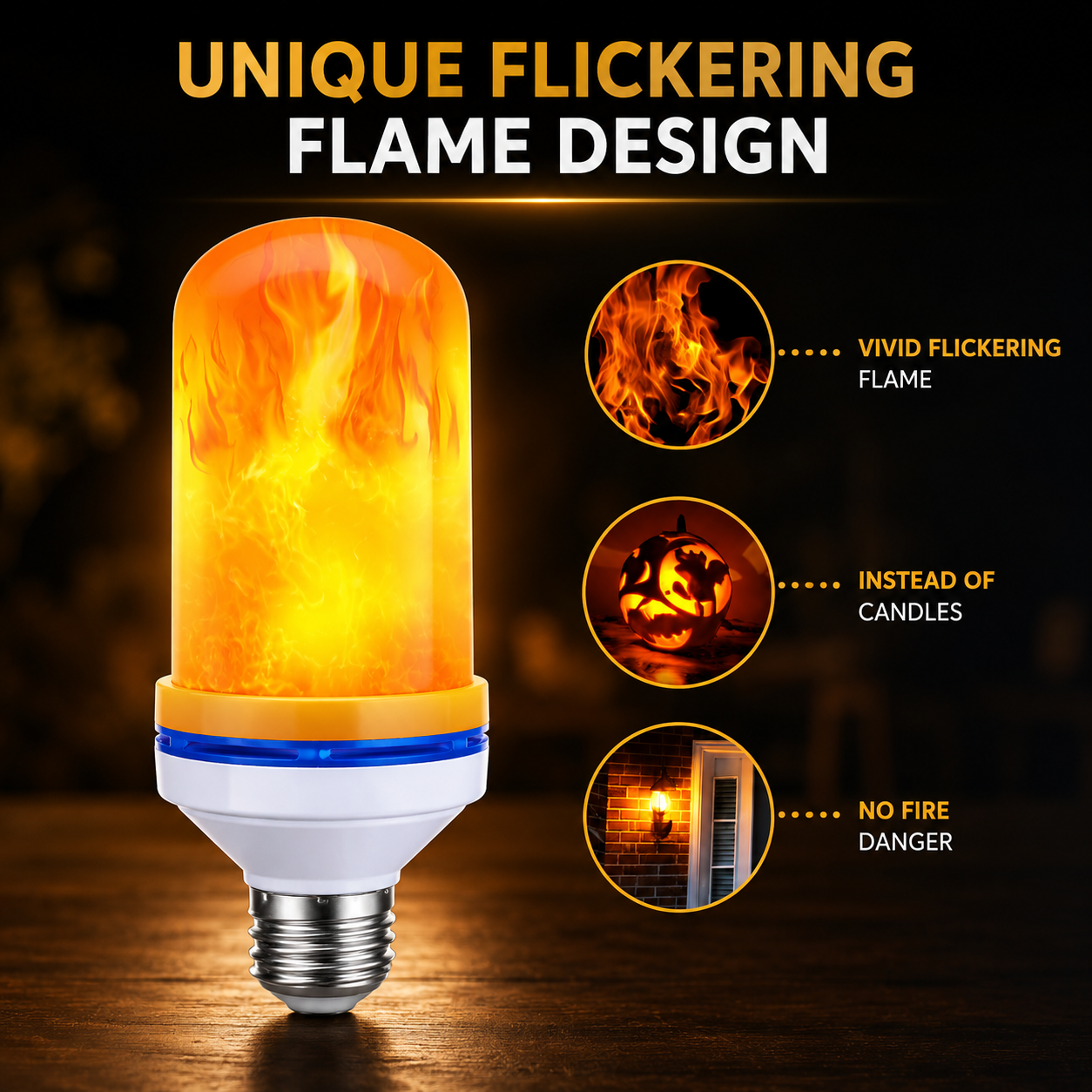 Flame-shaped light bulb with unique flickering flame design on a dark background