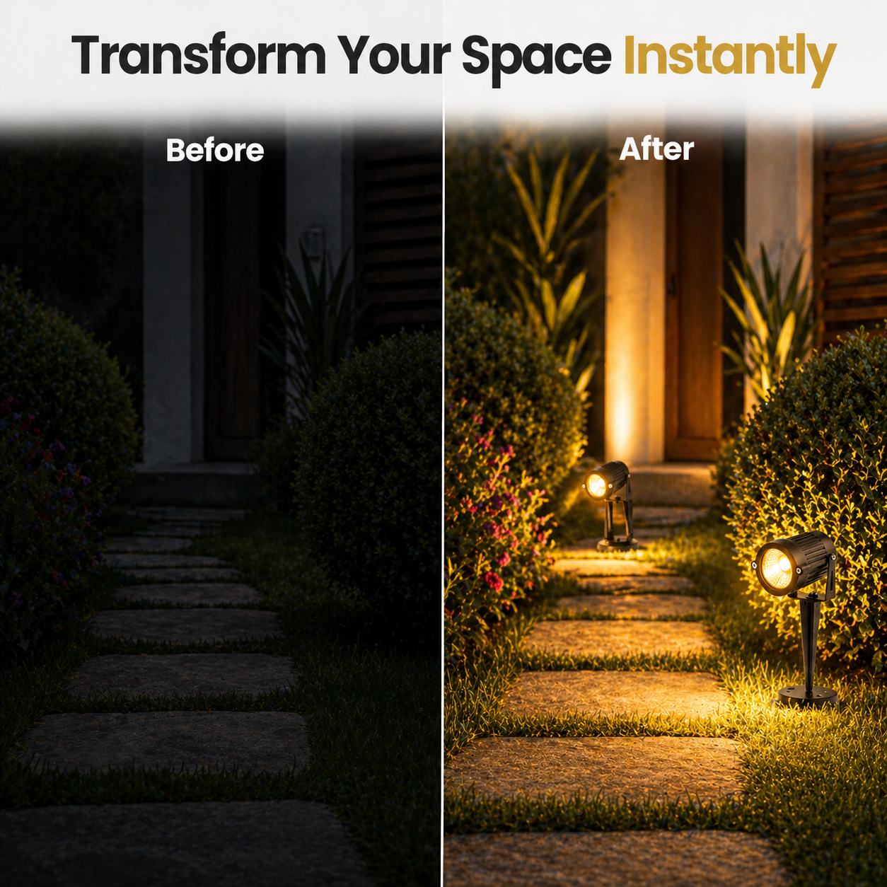 Before and after comparison of a garden pathway illuminated by outdoor lights.