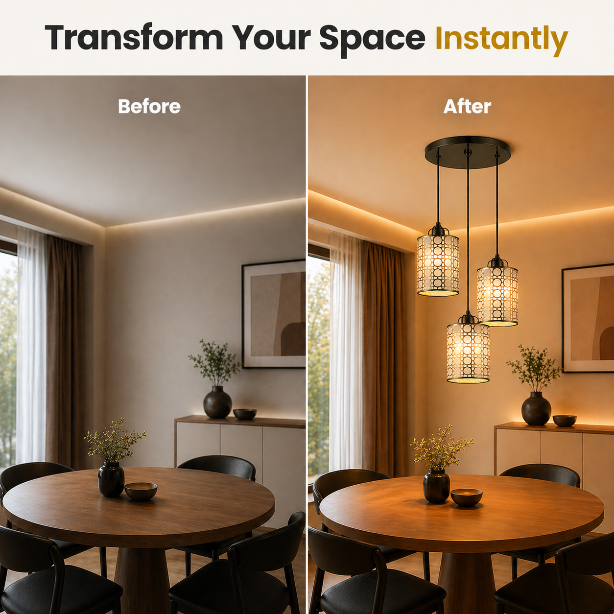 Before and after comparison of a dining room with added pendant lights.