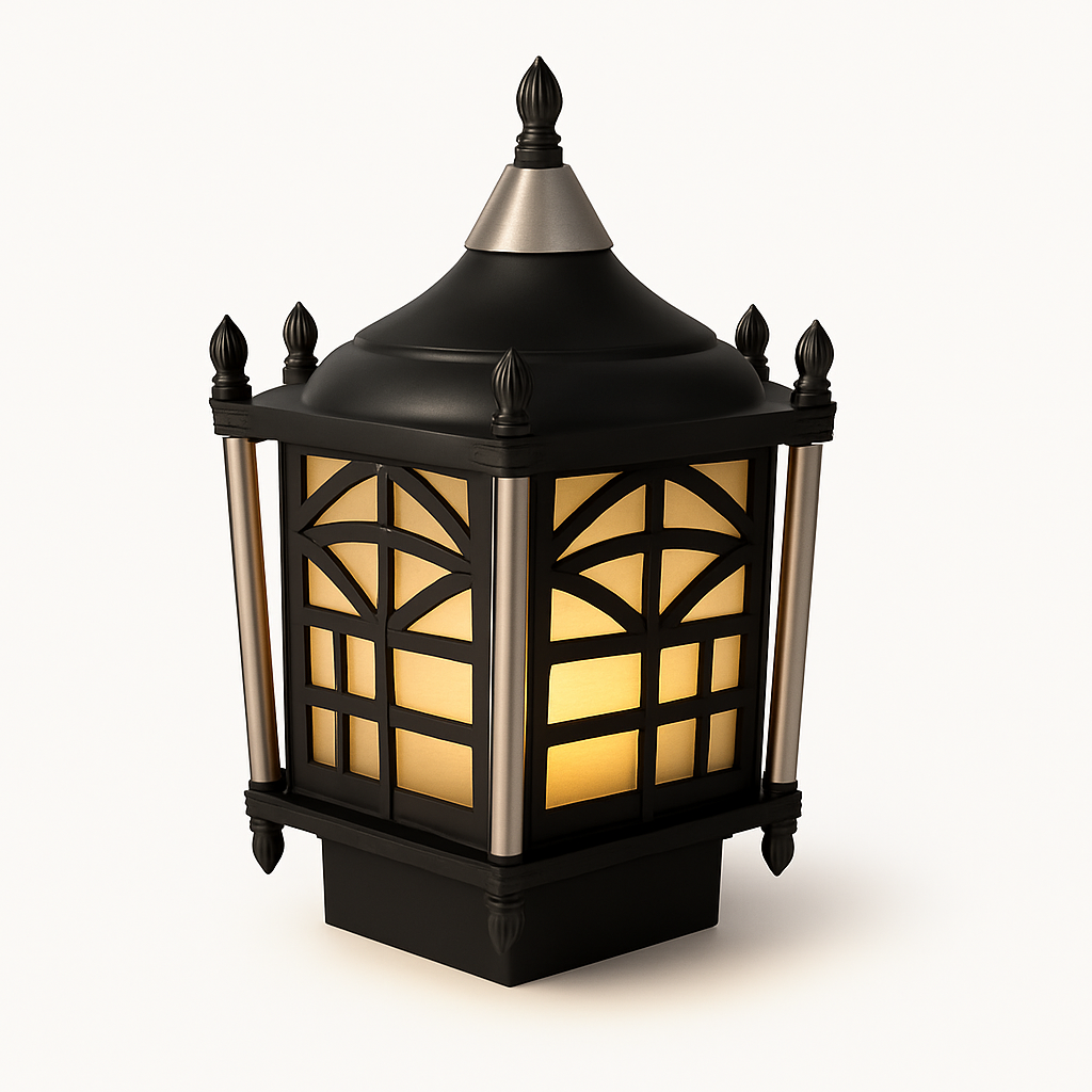 Decorative outdoor lamp with intricate design on a white background
