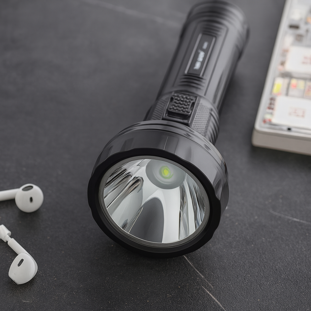 Black flashlight on a dark surface with earbuds and a remote control in the background