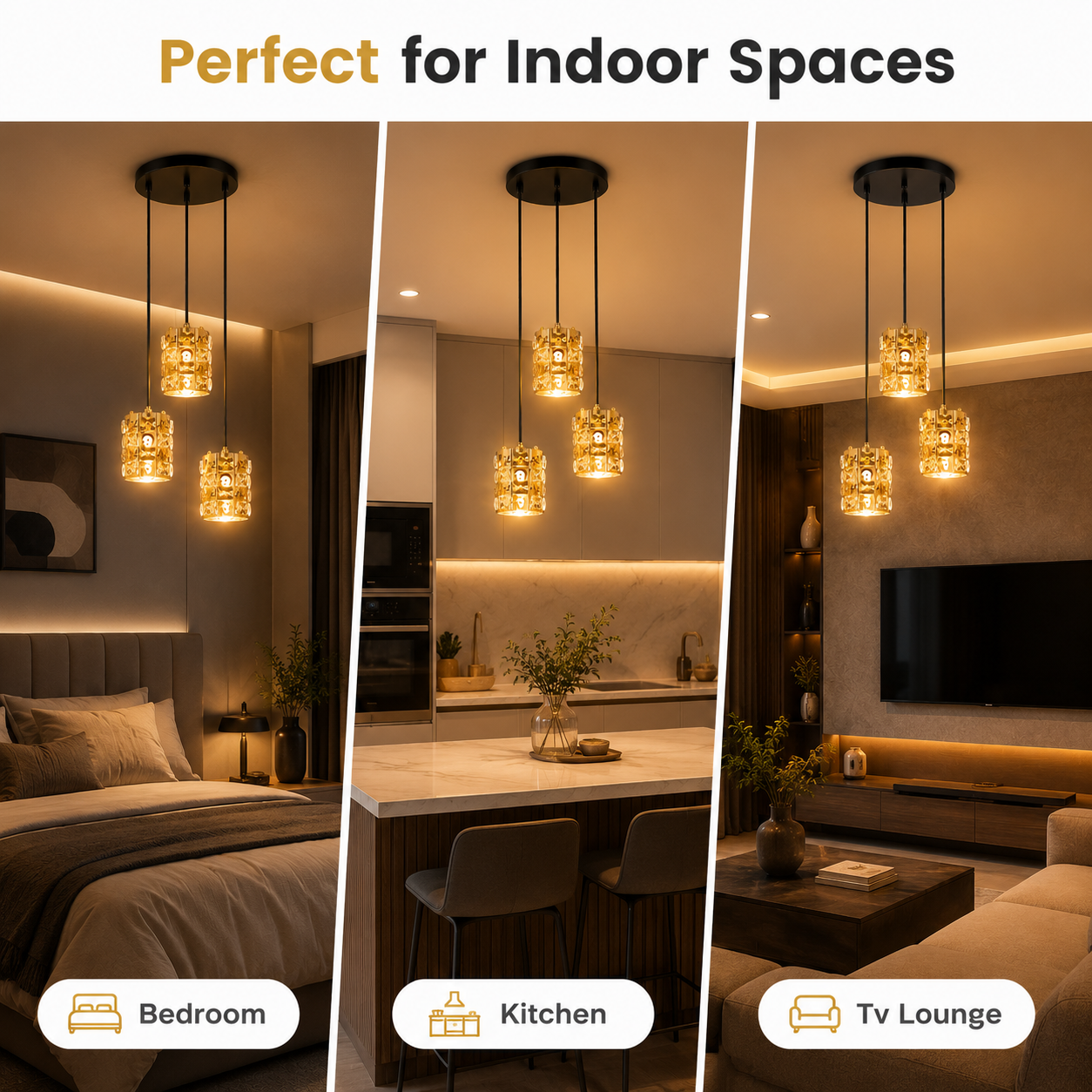 Three different indoor settings with pendant lights: bedroom, kitchen, and TV lounge.