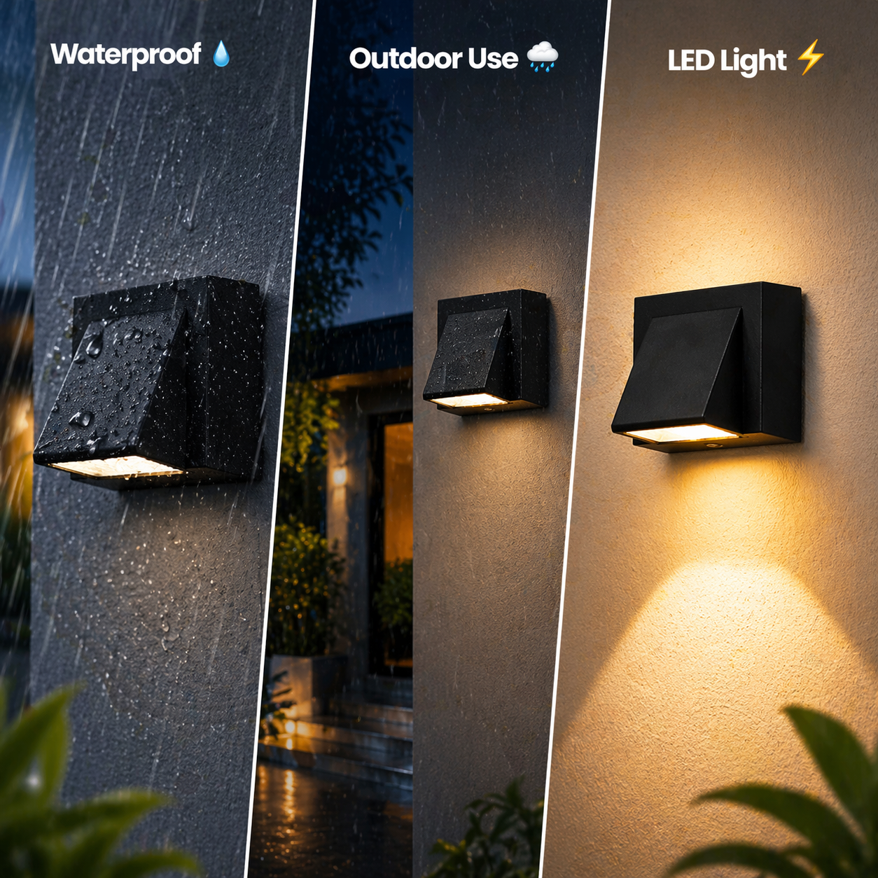 Outdoor wall light fixture with waterproof, outdoor use, and LED light features.
