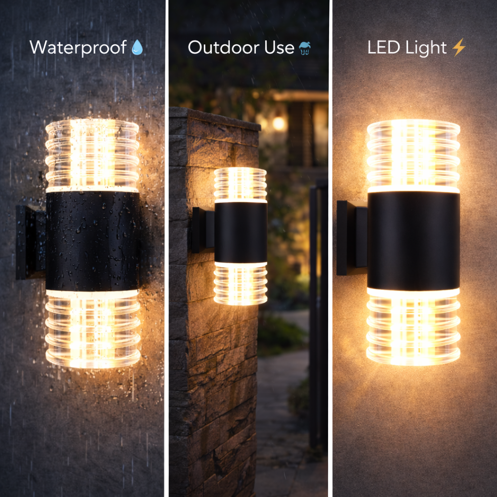 black metal outdoor light installed near house entrance wall