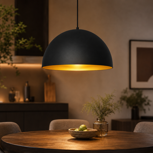 Modern black metal pendant light hanging above wooden dining table