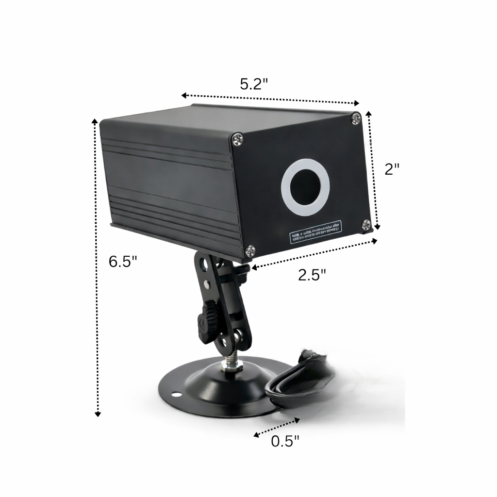 Black electronic device with dimensions labeled on a white background