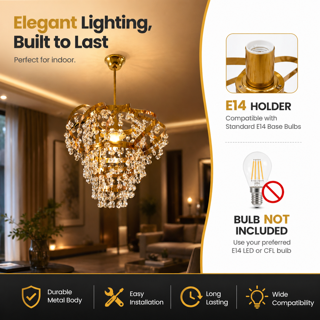Gold chandelier with crystal accents in a room setting, featuring text about lighting and bulb compatibility.