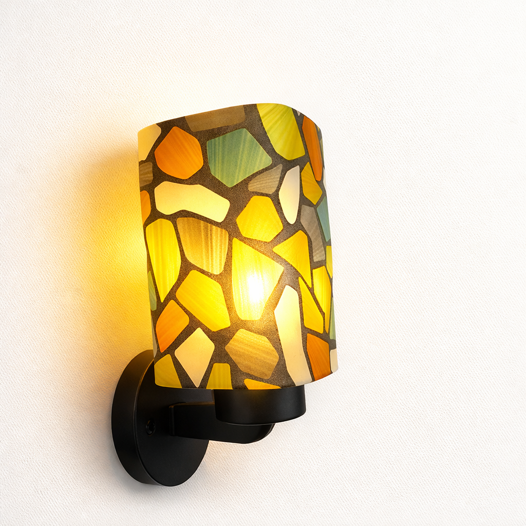 Mosaic glass wall light with warm golden ambient glow