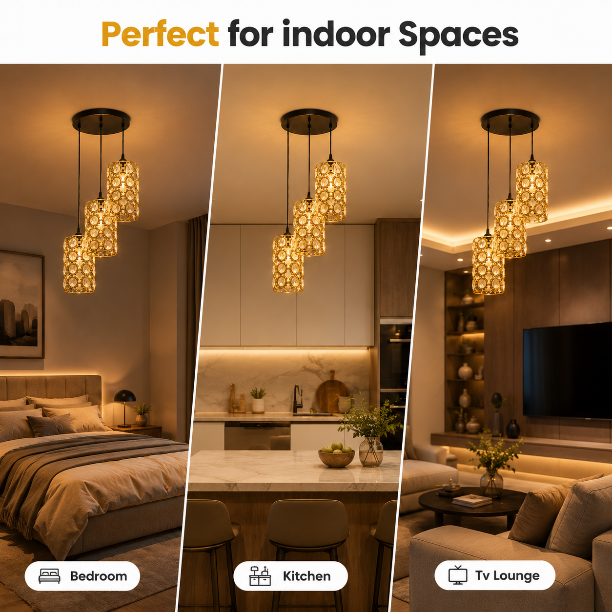 Three different rooms with pendant lights: bedroom, kitchen, and TV lounge.