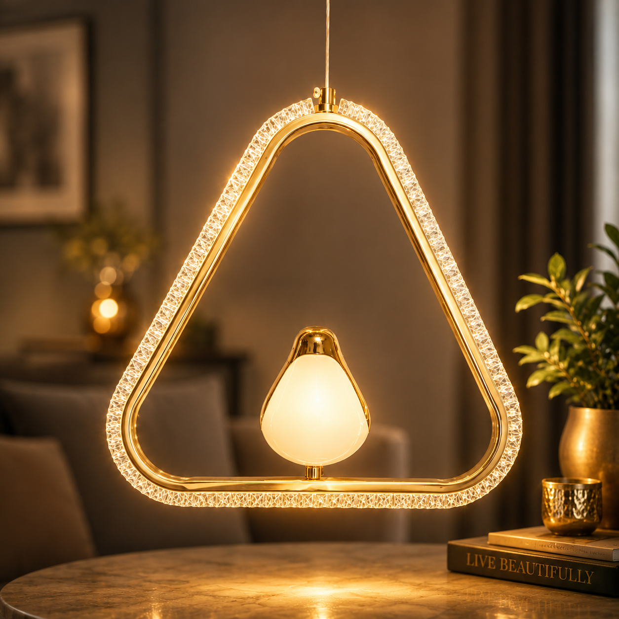 Triangular gold pendant light with a glowing bulb inside, set against a blurred indoor background.