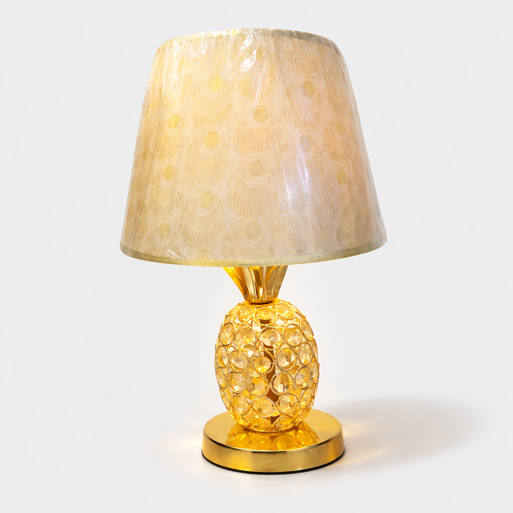 “Gold crystal table lamp with fabric shade for bedroom décor”